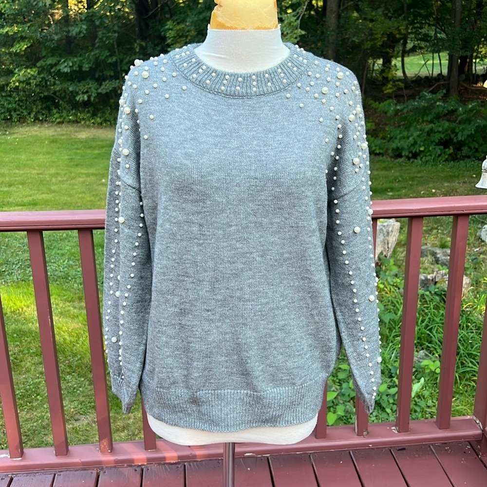 New! Bibi medium gray crew sweater with pearl detailing .